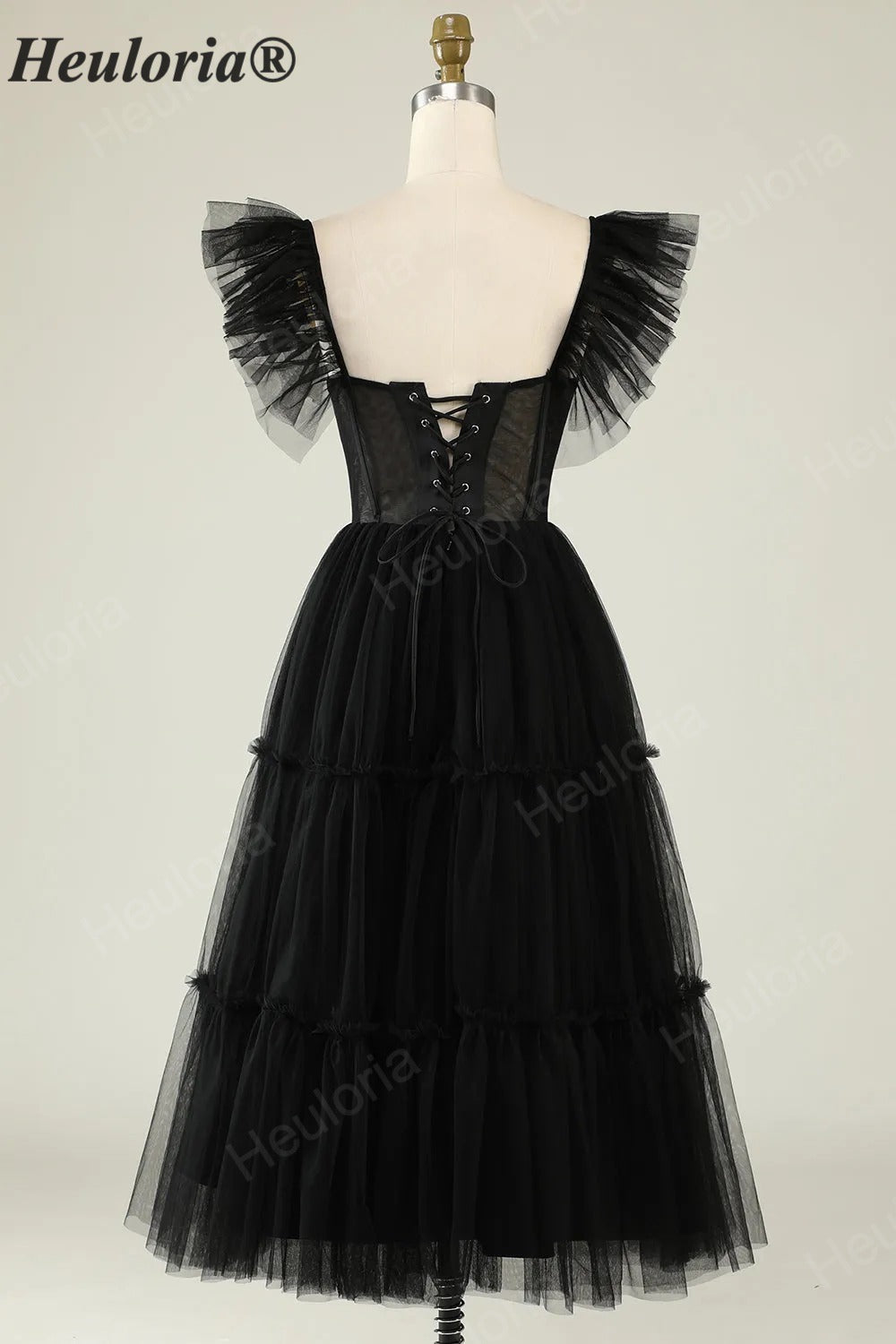 HEULORIA Gothic Romantic Black Tiered Tulle Midi Dress - Sheer Corset Bodice with Butterfly Ruffle Sleeves ED-683