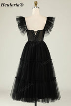 HEULORIA Gothic Romantic Black Tiered Tulle Midi Dress - Sheer Corset Bodice with Butterfly Ruffle Sleeves ED-683