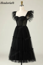 HEULORIA Gothic Romantic Black Tiered Tulle Midi Dress - Sheer Corset Bodice with Butterfly Ruffle Sleeves ED-683