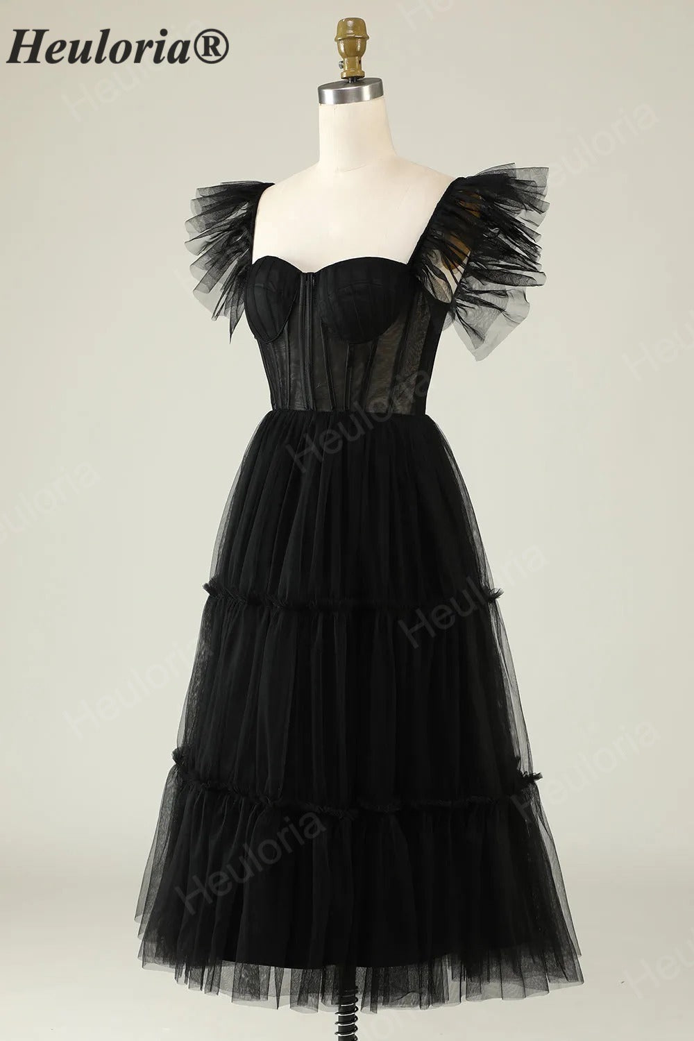 HEULORIA Gothic Romantic Black Tiered Tulle Midi Dress - Sheer Corset Bodice with Butterfly Ruffle Sleeves ED-683