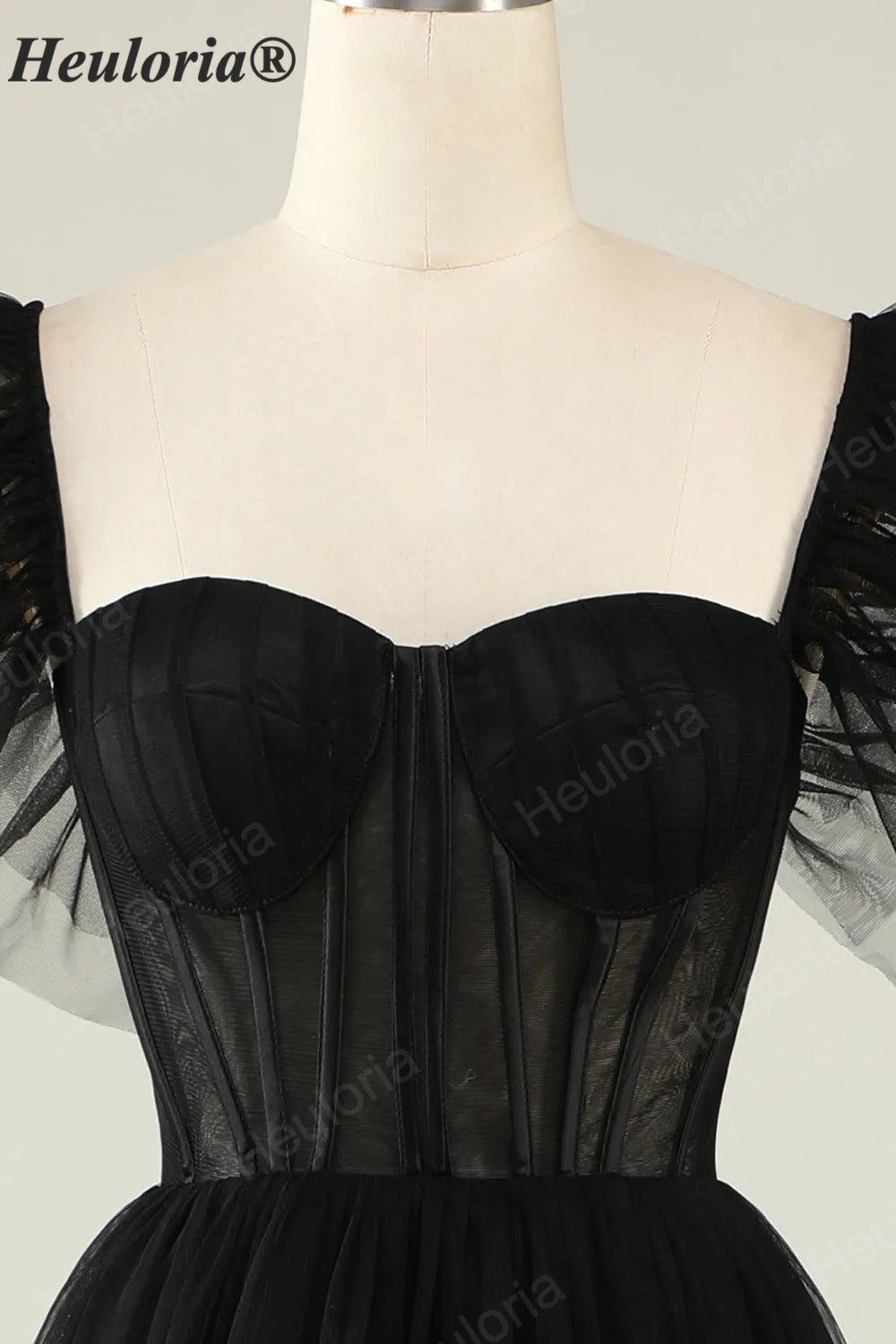 HEULORIA Gothic Romantic Black Tiered Tulle Midi Dress - Sheer Corset Bodice with Butterfly Ruffle Sleeves ED-683