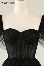 HEULORIA Gothic Romantic Black Tiered Tulle Midi Dress - Sheer Corset Bodice with Butterfly Ruffle Sleeves ED-683