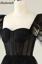 HEULORIA Gothic Romantic Black Tiered Tulle Midi Dress - Sheer Corset Bodice with Butterfly Ruffle Sleeves ED-683