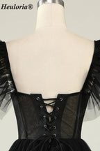 HEULORIA Gothic Romantic Black Tiered Tulle Midi Dress - Sheer Corset Bodice with Butterfly Ruffle Sleeves ED-683