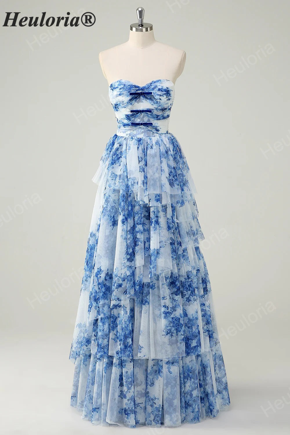 Heuloria Enchanted Garden Watercolor Floral Strapless Tiered Tulle Ball Gown with Velvet Bows ED-657