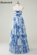 Heuloria Enchanted Garden Watercolor Floral Strapless Tiered Tulle Ball Gown with Velvet Bows ED-657