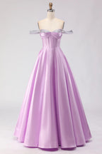 HEULORIA Elegant Lavender Off-The-Shoulder Satin Prom Dress with Sequin Trim and Corset Bodice A-Line Evening Gown ED-500