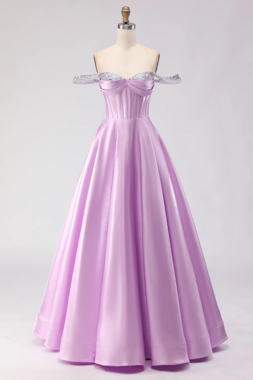 HEULORIA Elegant Lavender Off-The-Shoulder Satin Prom Dress with Sequin Trim and Corset Bodice A-Line Evening Gown ED-500