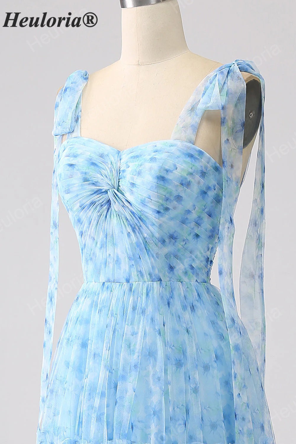 HEULORIA Ethereal Light Blue Floral Print Tiered Tulle Gown with Tie-Up Straps and Corset Back ED-659