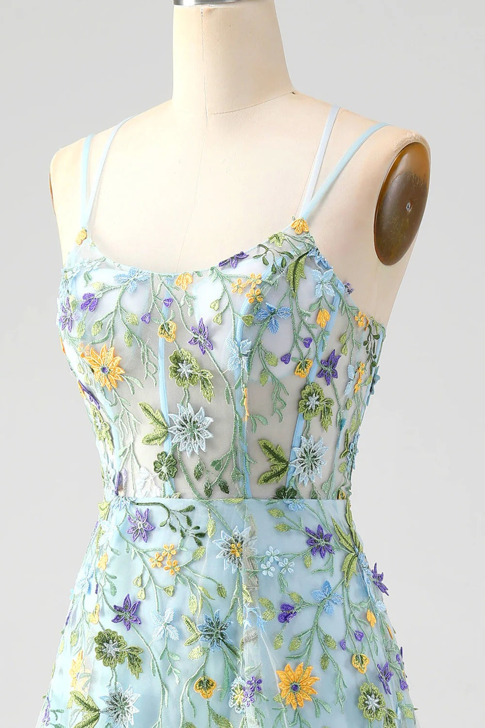 HEULORIA Enchanting Floral Embroidered Spaghetti Strap Prom Dress - Light Blue A-Line Gown with High Slit & Lace-up Back ED-591