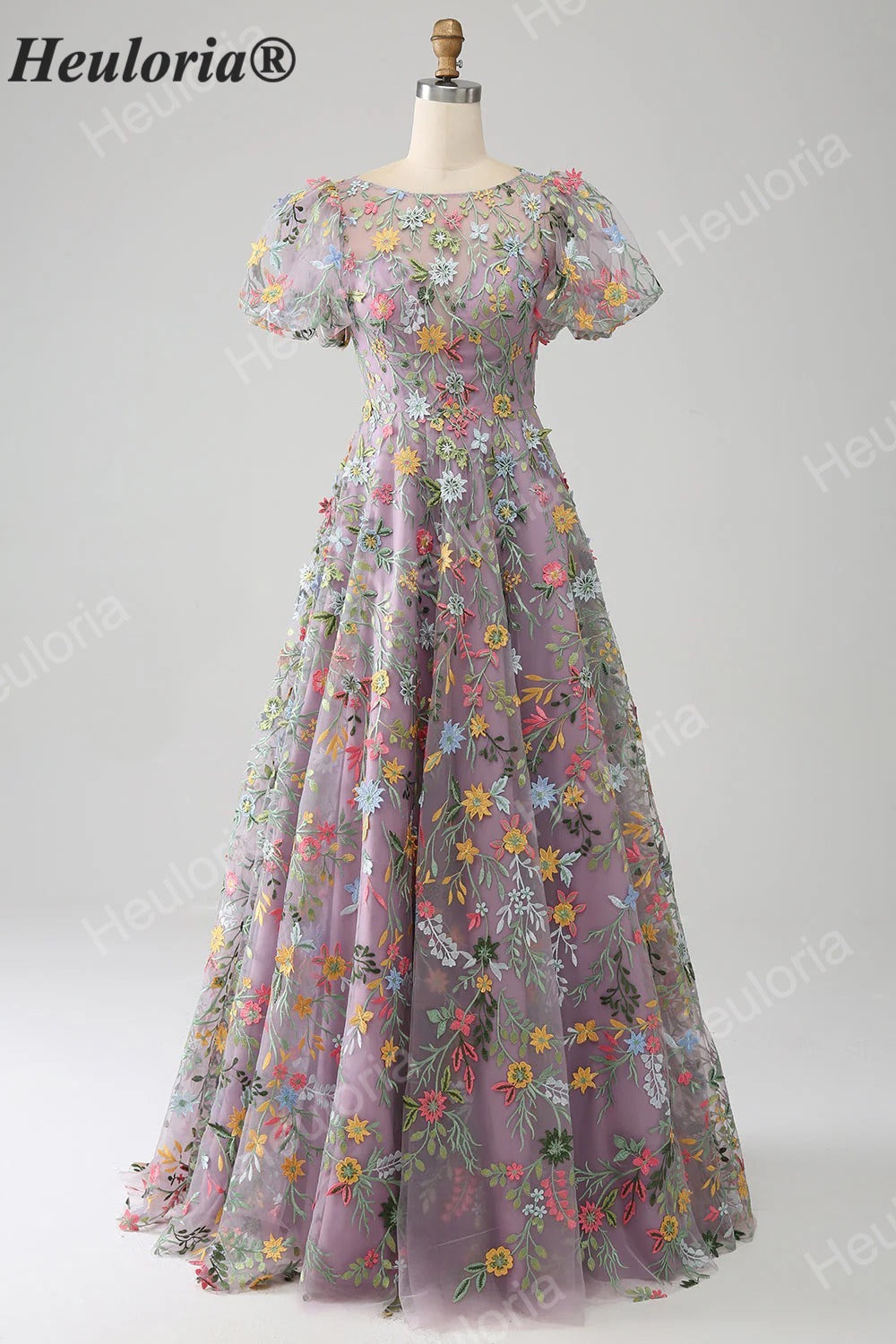 HEULORIA Enchanting Floral Embroidery Flutter Sleeve A-Line Evening Gown - Illusion Mesh Formal Dress ED-684