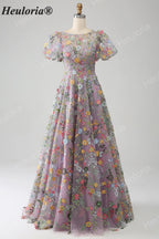 HEULORIA Enchanting Floral Embroidery Flutter Sleeve A-Line Evening Gown - Illusion Mesh Formal Dress ED-684