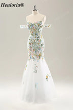 Heuloria Multicolor Floral Embroidered Off-the-Shoulder Tulle Mermaid Evening Dress ED-612