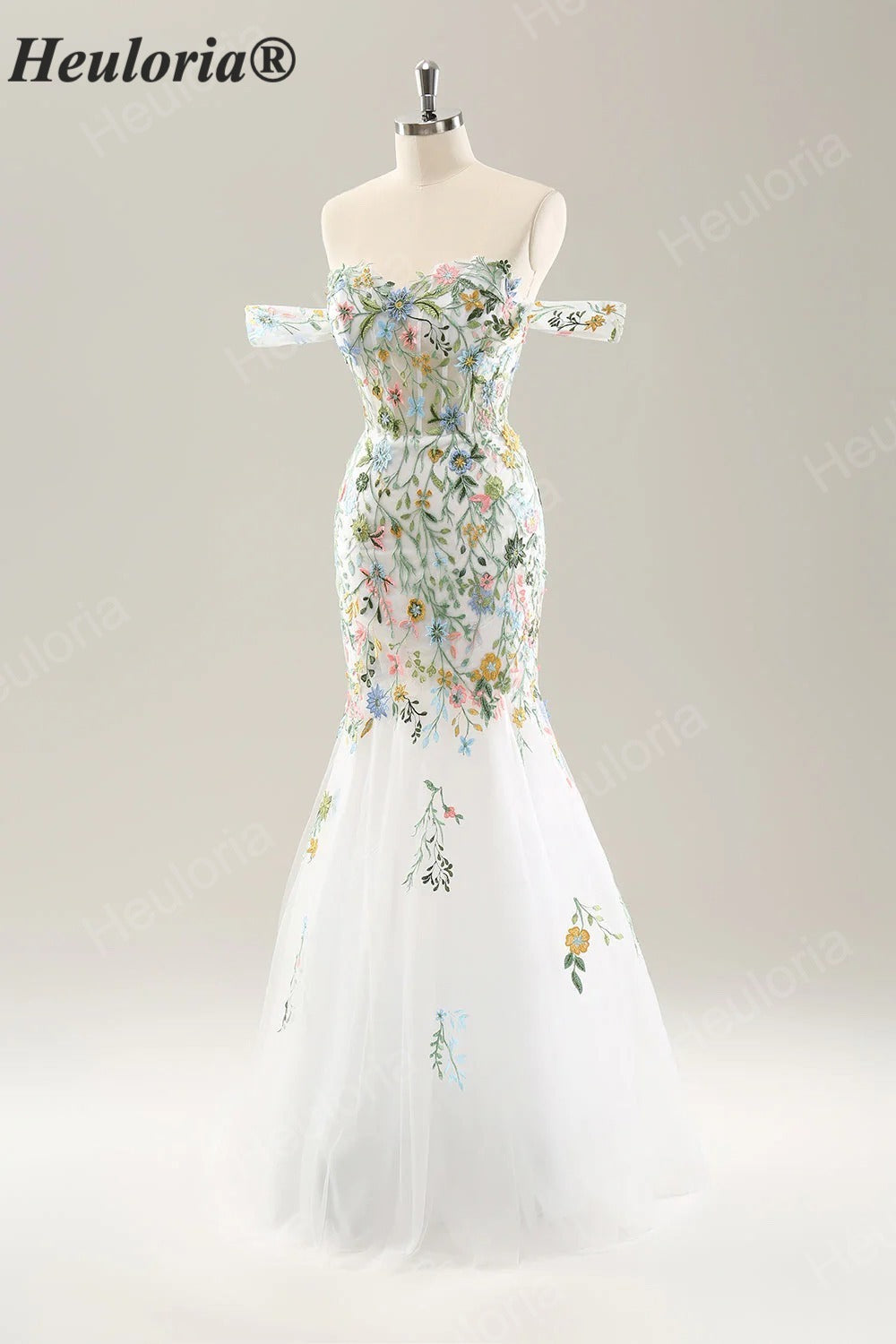 Heuloria Multicolor Floral Embroidered Off-the-Shoulder Tulle Mermaid Evening Dress ED-612