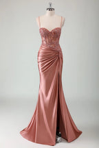 HEULORIA Sequin Lace Corset Satin Gown: High Slit Lace-Up Back Evening Dress ED-215