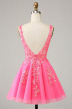 HEULORIA Sparkling V-Neck Sequined Lace Homecoming Dress - Sleeveless A-Line Short Party Gown ED-281