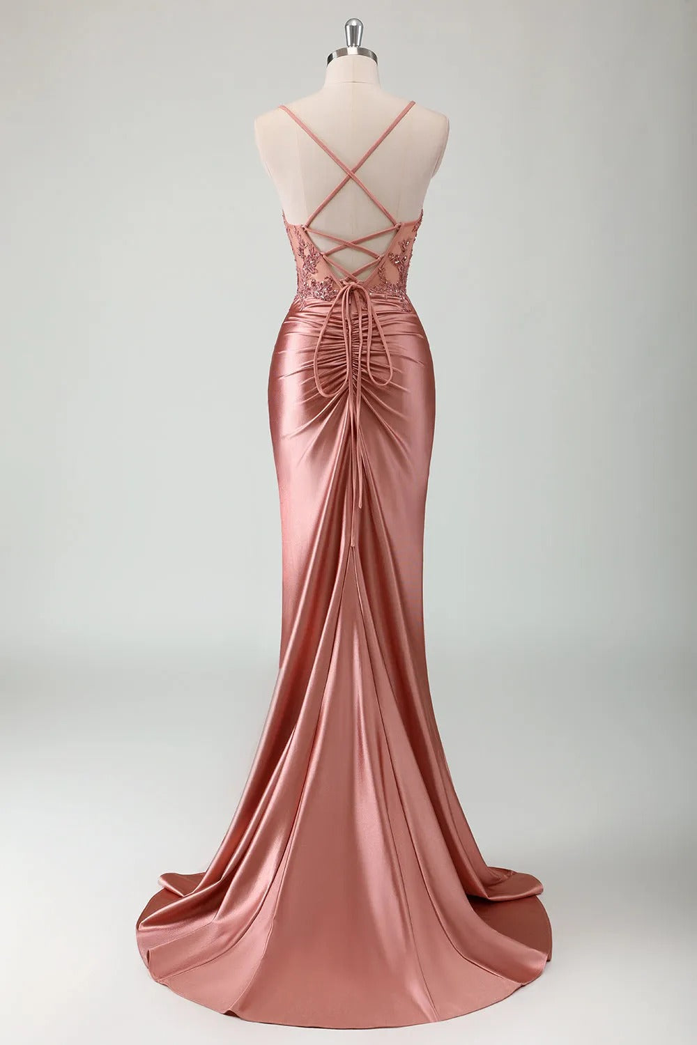 HEULORIA Sequin Lace Corset Satin Gown: High Slit Lace-Up Back Evening Dress ED-215
