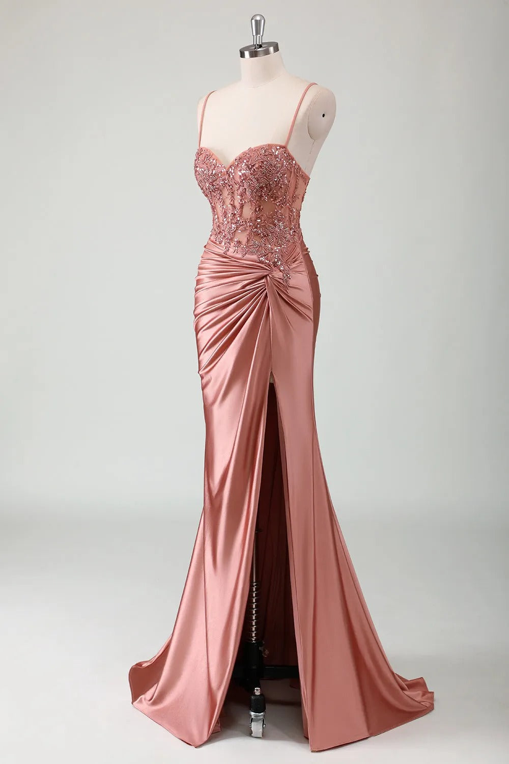 HEULORIA Sequin Lace Corset Satin Gown: High Slit Lace-Up Back Evening Dress ED-215