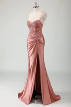 HEULORIA Sequin Lace Corset Satin Gown: High Slit Lace-Up Back Evening Dress ED-215