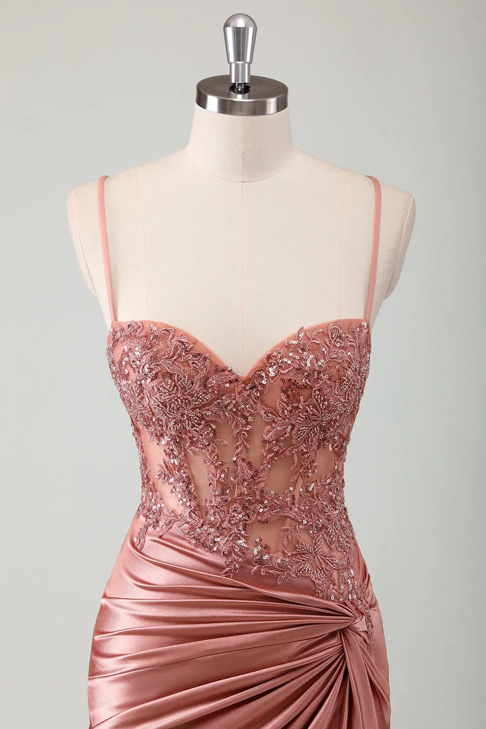 HEULORIA Sequin Lace Corset Satin Gown: High Slit Lace-Up Back Evening Dress ED-215
