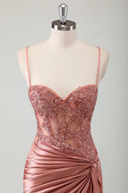 HEULORIA Sequin Lace Corset Satin Gown: High Slit Lace-Up Back Evening Dress ED-215