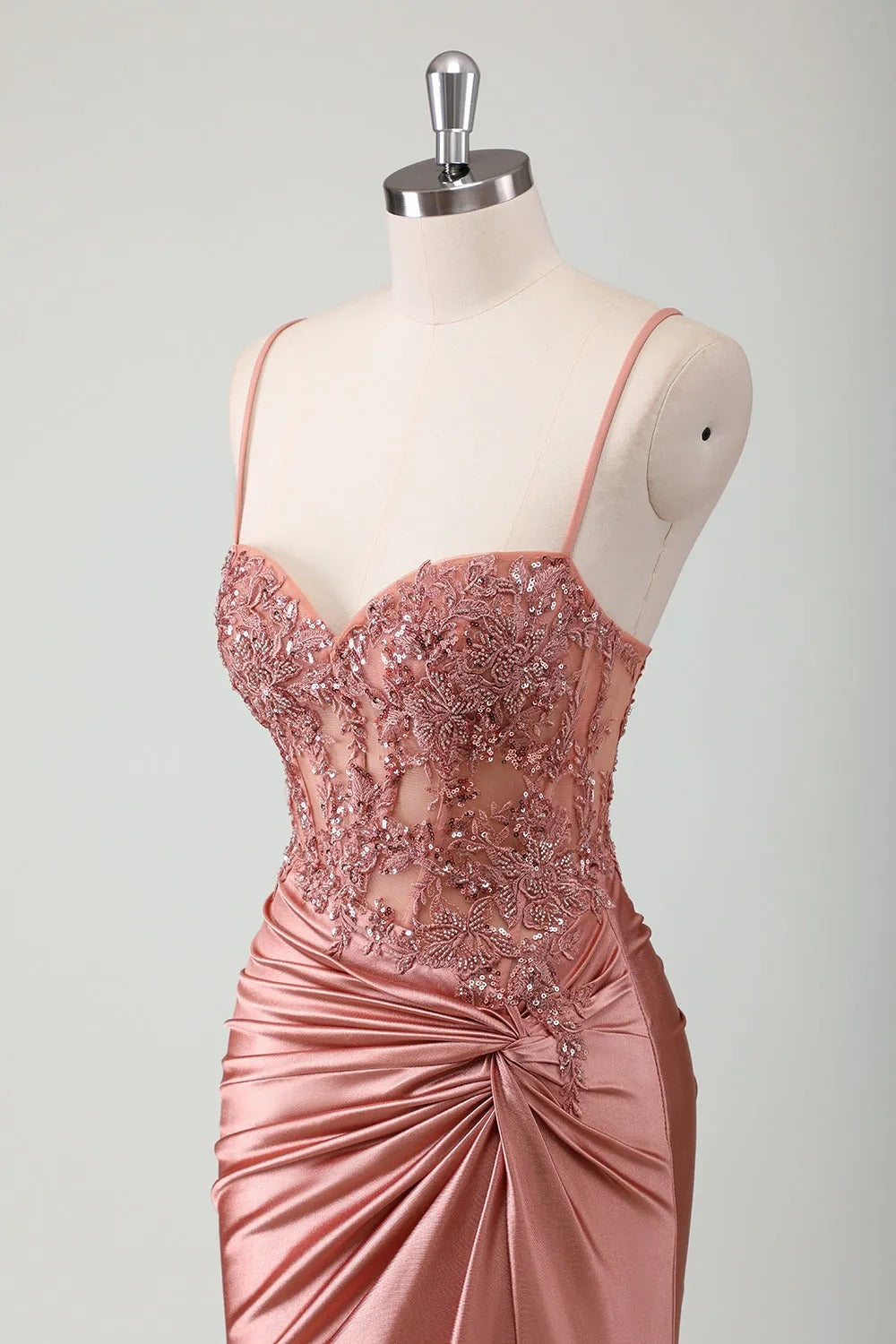 HEULORIA Sequin Lace Corset Satin Gown: High Slit Lace-Up Back Evening Dress ED-215