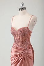 HEULORIA Sequin Lace Corset Satin Gown: High Slit Lace-Up Back Evening Dress ED-215
