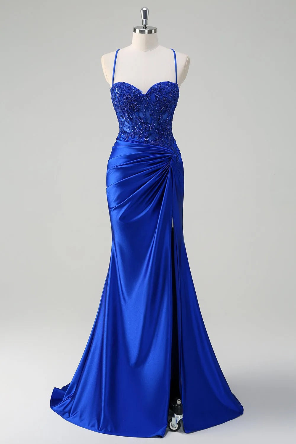 HEULORIA Sequin Lace Corset Satin Gown: High Slit Lace-Up Back Evening Dress ED-215