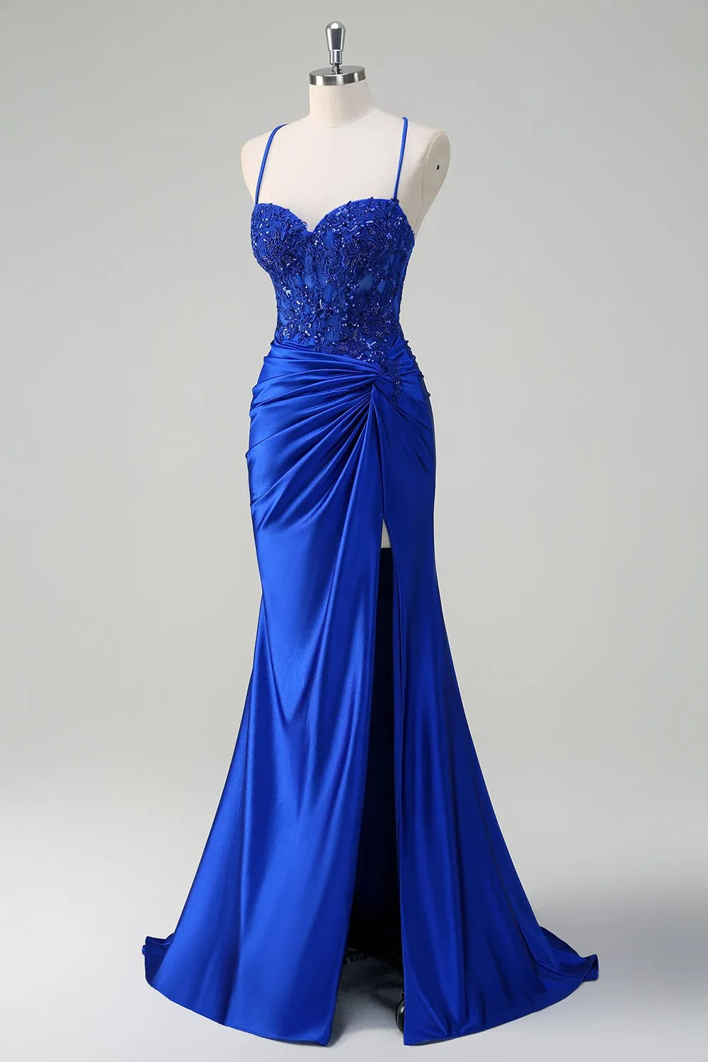 HEULORIA Sequin Lace Corset Satin Gown: High Slit Lace-Up Back Evening Dress ED-215