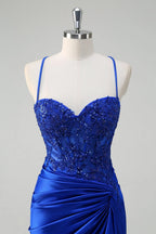HEULORIA Sequin Lace Corset Satin Gown: High Slit Lace-Up Back Evening Dress ED-215