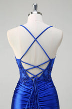 HEULORIA Sequin Lace Corset Satin Gown: High Slit Lace-Up Back Evening Dress ED-215