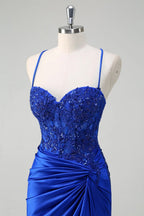 HEULORIA Sequin Lace Corset Satin Gown: High Slit Lace-Up Back Evening Dress ED-215