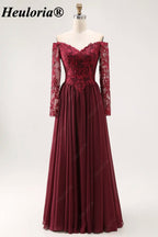 Burgundy Off-the-Shoulder Lace Long Sleeve A-Line Bridesmaid Dress ED-227