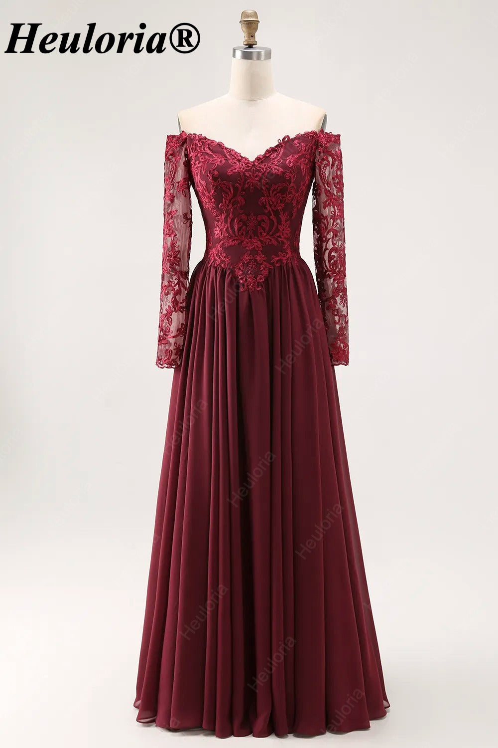 Burgundy Off-the-Shoulder Lace Long Sleeve A-Line Bridesmaid Dress ED-227
