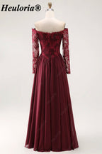 Burgundy Off-the-Shoulder Lace Long Sleeve A-Line Bridesmaid Dress ED-227