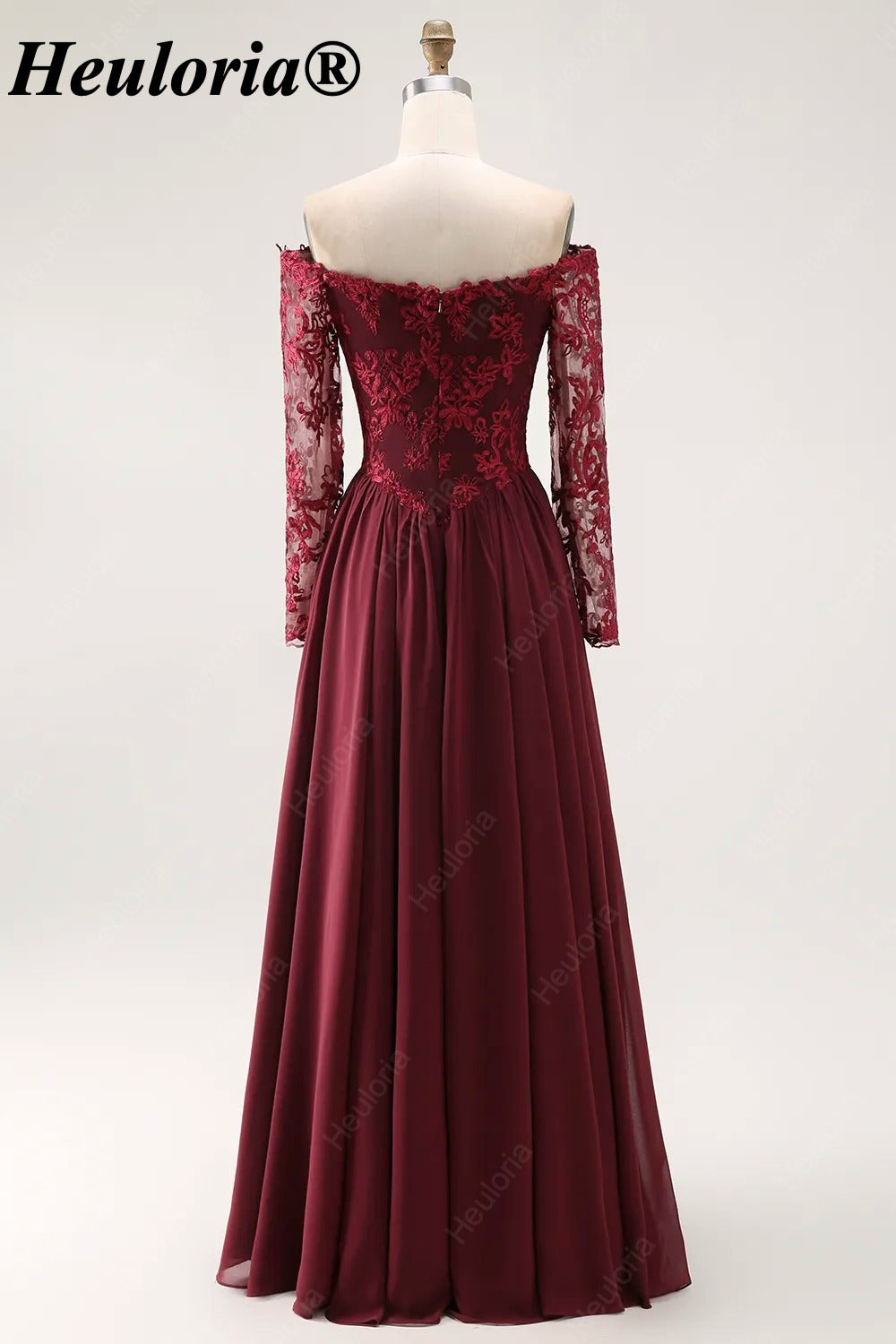 Burgundy Off-the-Shoulder Lace Long Sleeve A-Line Bridesmaid Dress ED-227