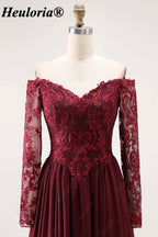 Burgundy Off-the-Shoulder Lace Long Sleeve A-Line Bridesmaid Dress ED-227