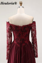 Burgundy Off-the-Shoulder Lace Long Sleeve A-Line Bridesmaid Dress ED-227