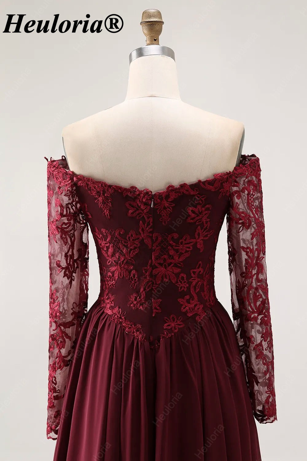 Burgundy Off-the-Shoulder Lace Long Sleeve A-Line Bridesmaid Dress ED-227