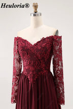 Burgundy Off-the-Shoulder Lace Long Sleeve A-Line Bridesmaid Dress ED-227