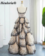 Champagne Black & Silver Sequin Square Neck Tiered Evening Dress ED-589