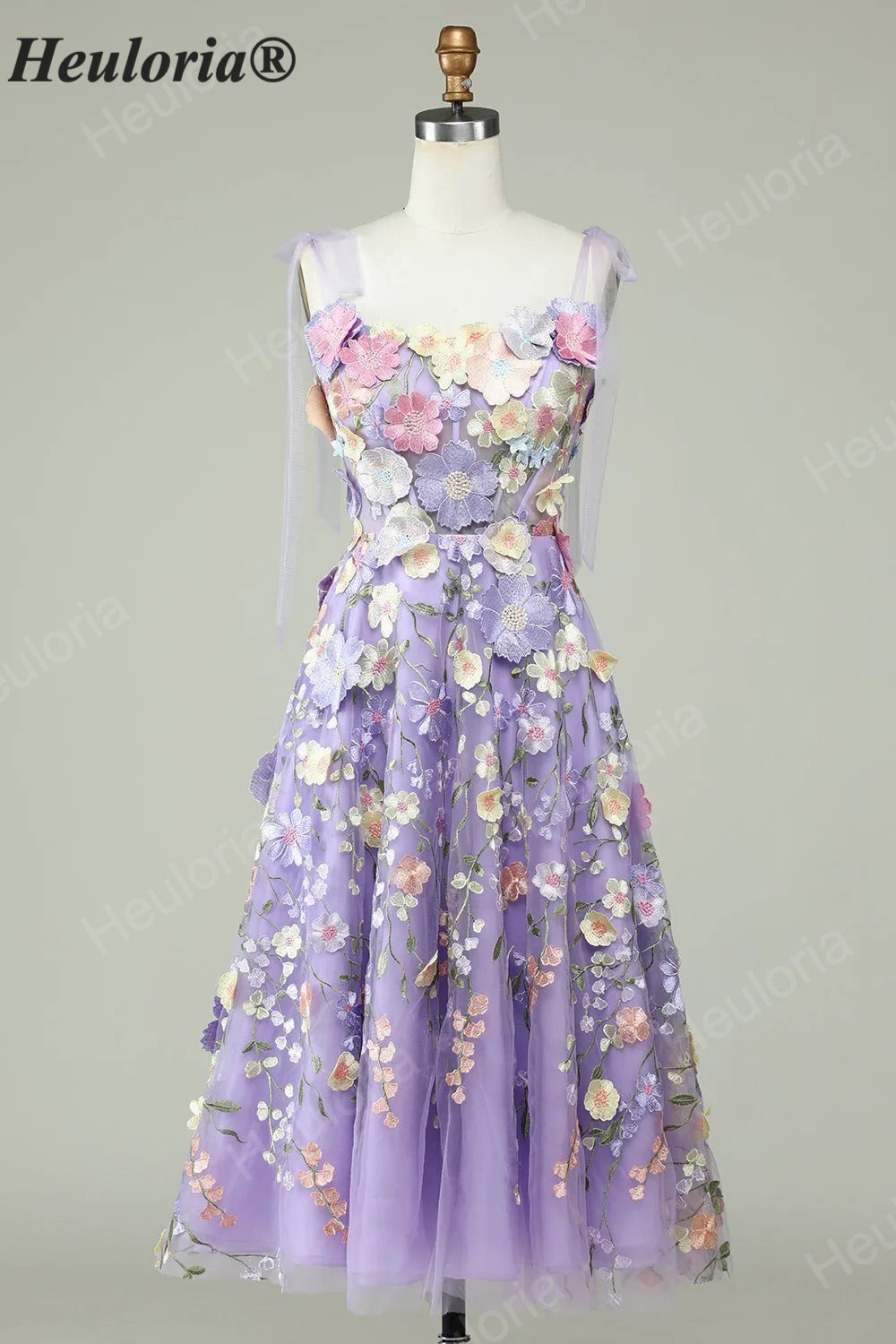 HEULORIA Enchanting Lavender 3D Floral Appliqué Tea-Length Prom Dress with Tulle Bow Straps ED-682