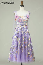 HEULORIA Enchanting Lavender 3D Floral Appliqué Tea-Length Prom Dress with Tulle Bow Straps ED-682