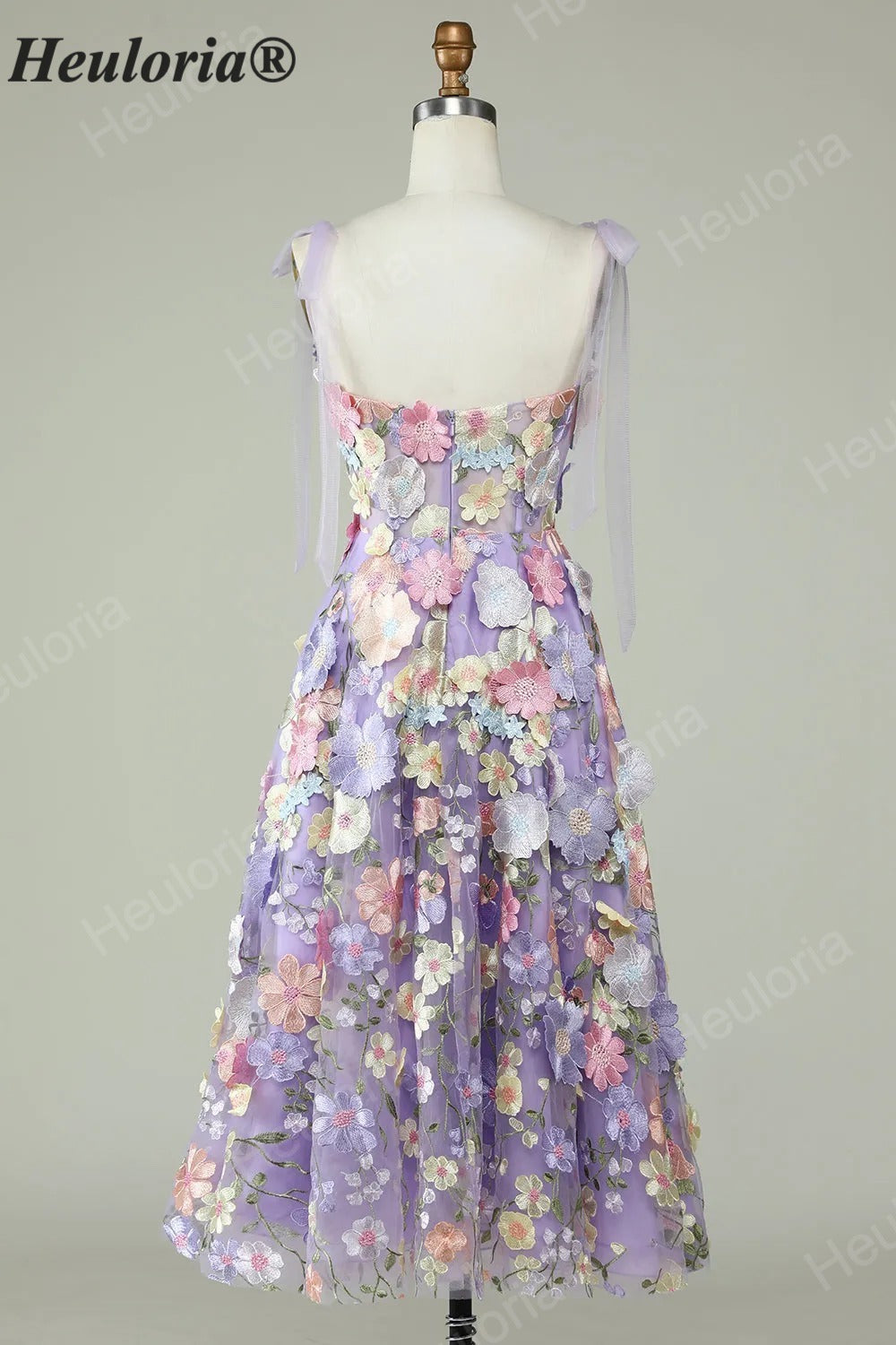 HEULORIA Enchanting Lavender 3D Floral Appliqué Tea-Length Prom Dress with Tulle Bow Straps ED-682