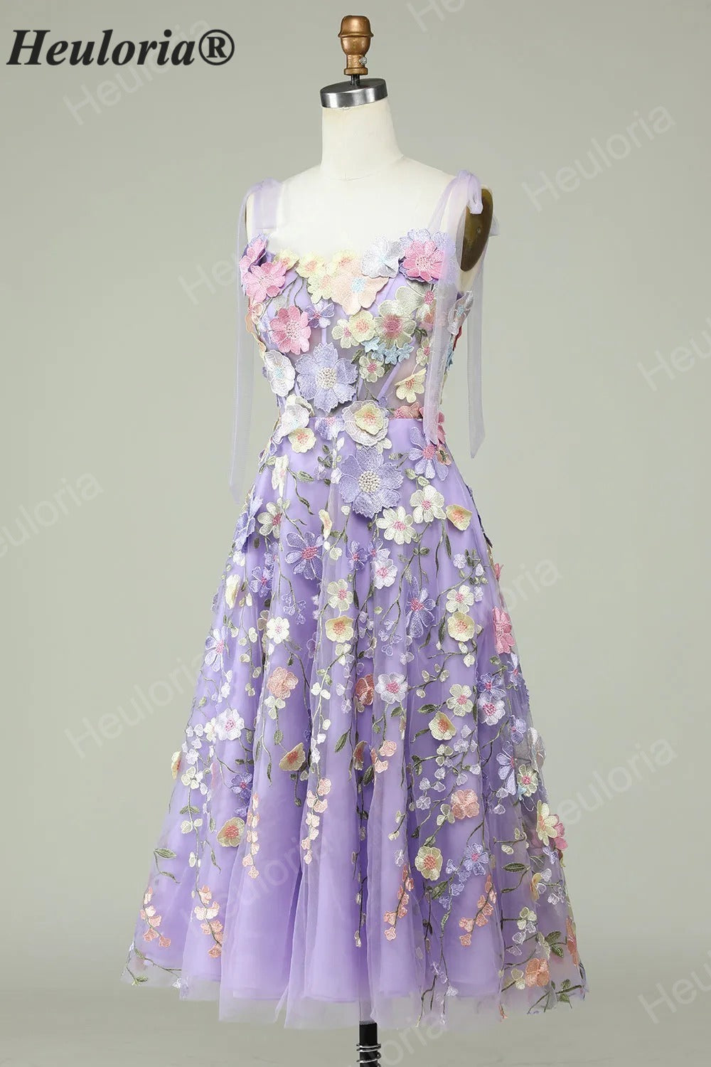 HEULORIA Enchanting Lavender 3D Floral Appliqué Tea-Length Prom Dress with Tulle Bow Straps ED-682