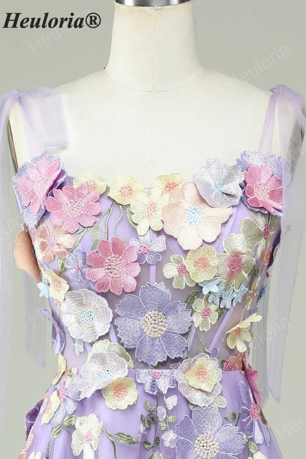 HEULORIA Enchanting Lavender 3D Floral Appliqué Tea-Length Prom Dress with Tulle Bow Straps ED-682