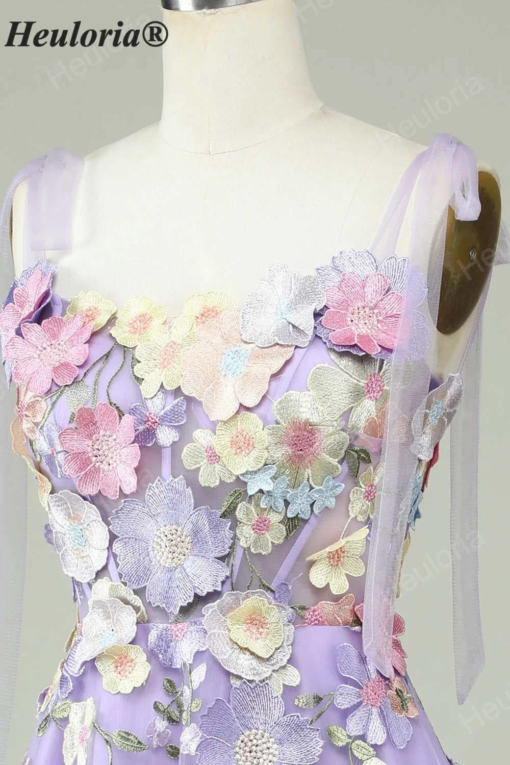 HEULORIA Enchanting Lavender 3D Floral Appliqué Tea-Length Prom Dress with Tulle Bow Straps ED-682