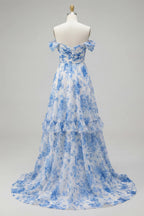 HEULORIA Blue Floral Chiffon Off-the-Shoulder A-Line Prom Dress with Tiered Skirt ED-567