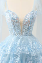 HEULORIA Sky Blue Floral Lace Tiered Mini Party Dress with Tulle Shoulder Streamers ED-593