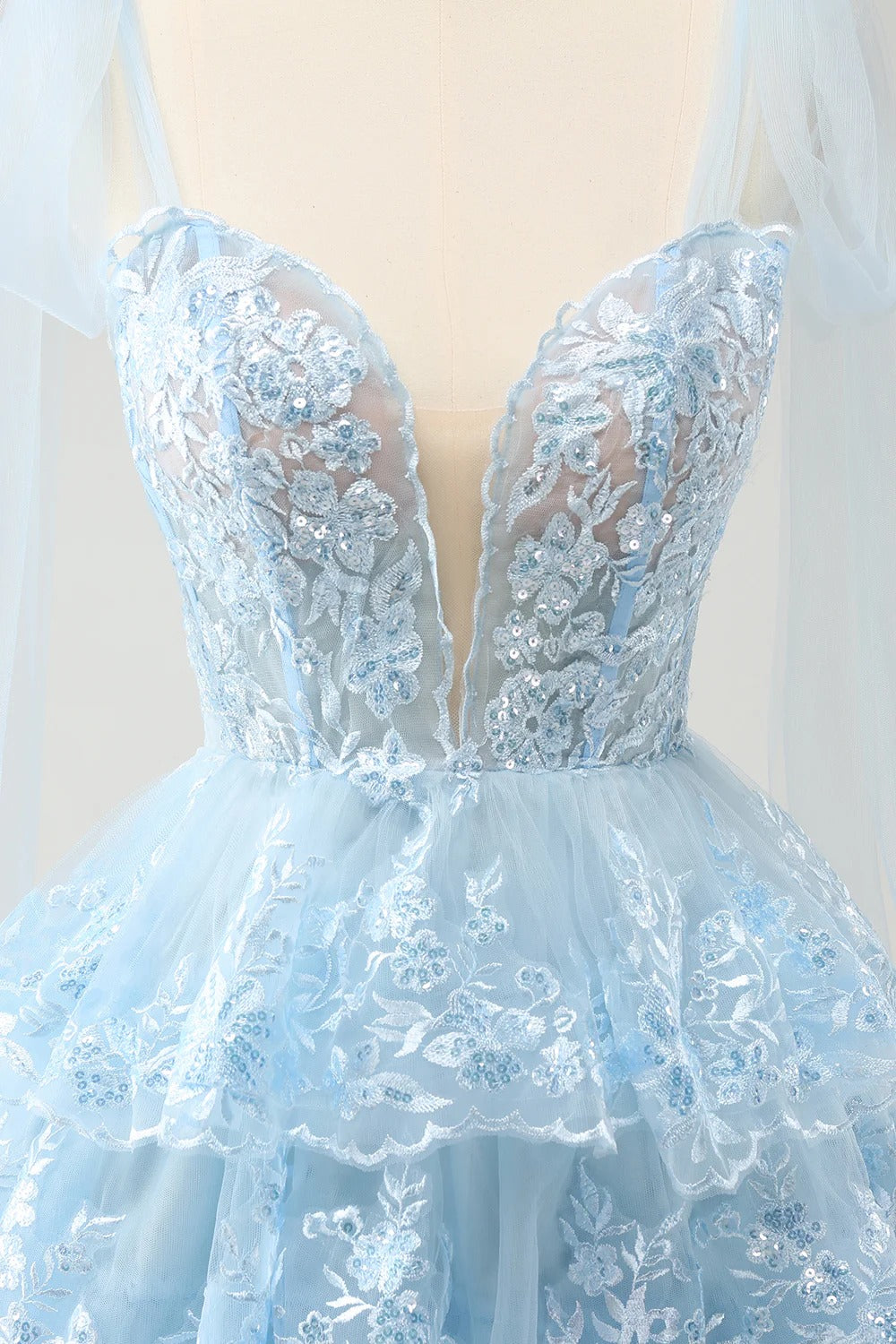 HEULORIA Sky Blue Floral Lace Tiered Mini Party Dress with Tulle Shoulder Streamers ED-593